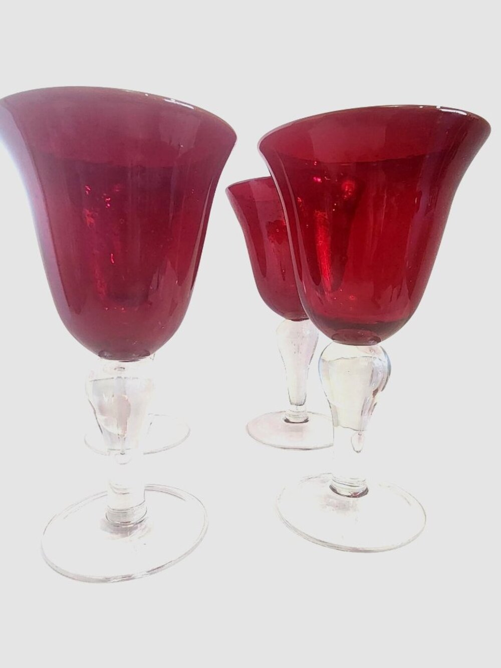 Set Of 4 Artland Ruby Red Glass Goblets, Clear Stems